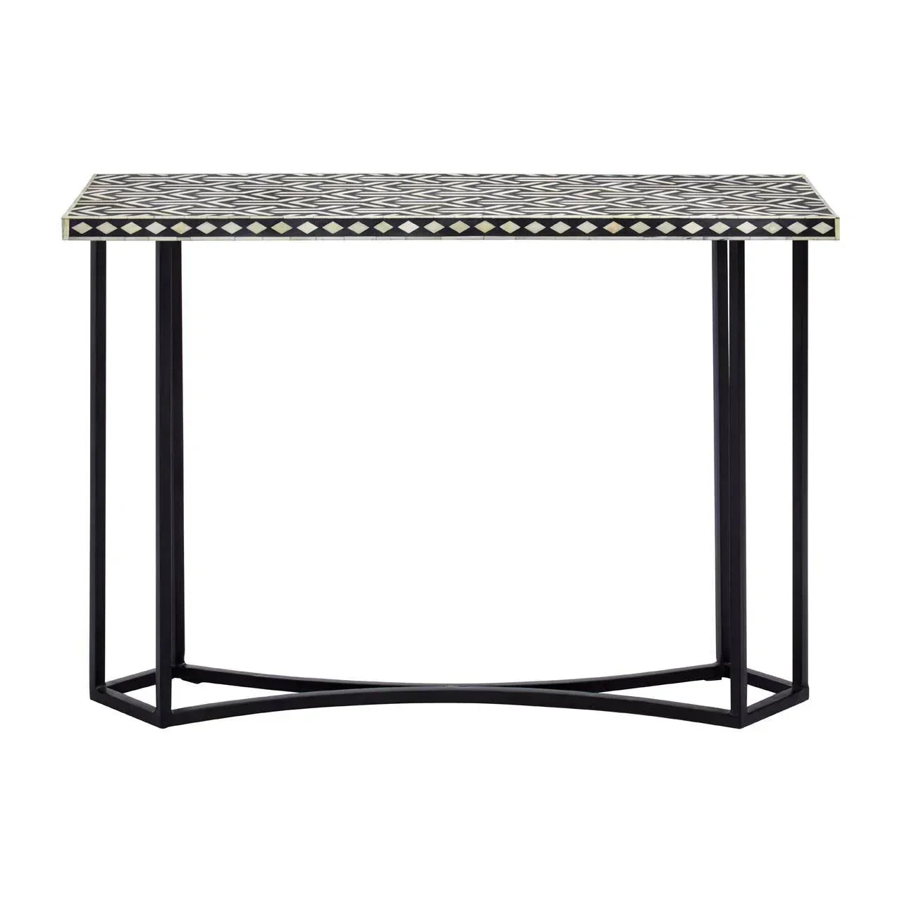 Geometric inlay console table with black metal frame and patterned top, front view