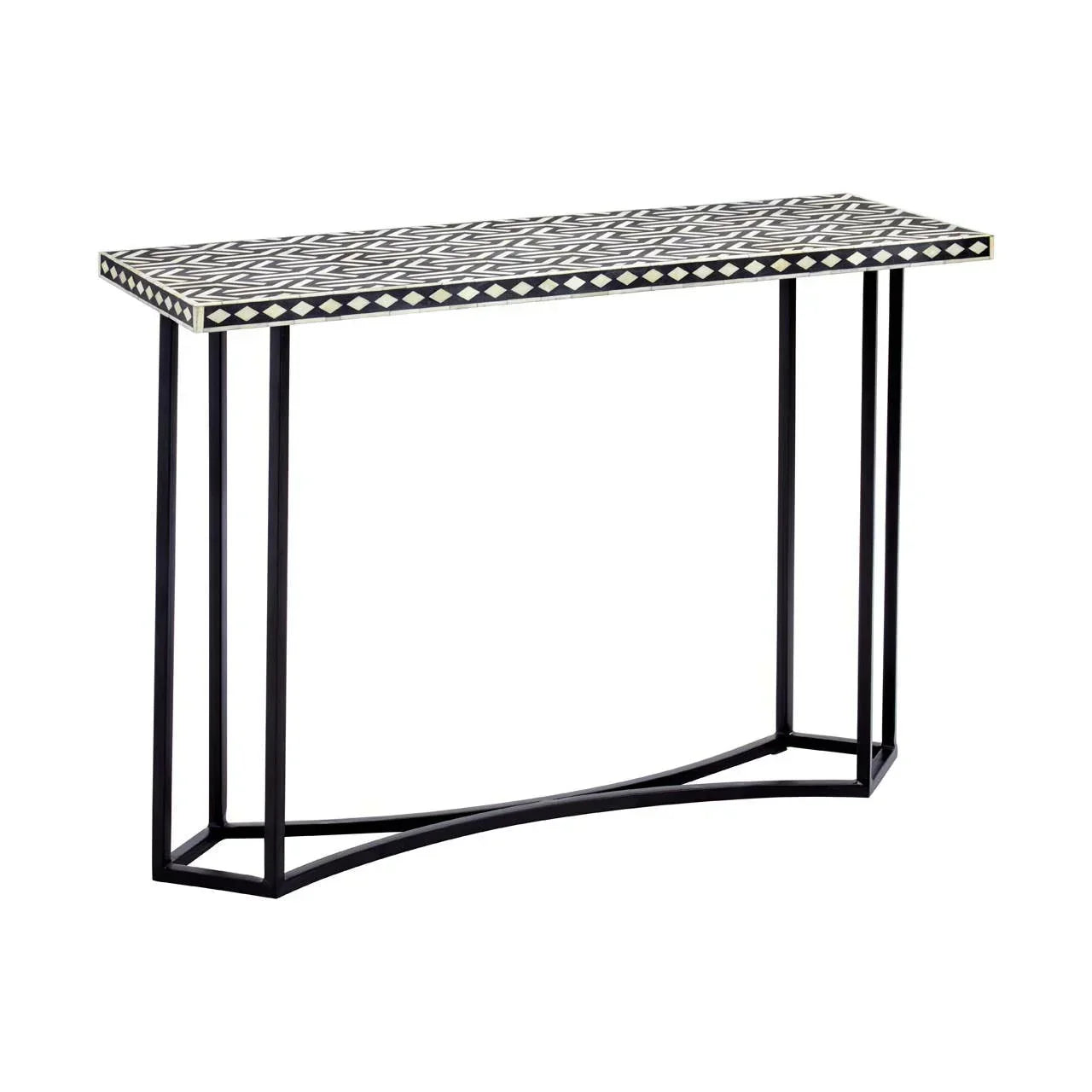 Geometric patterned console table with black metal legs and rectangular top