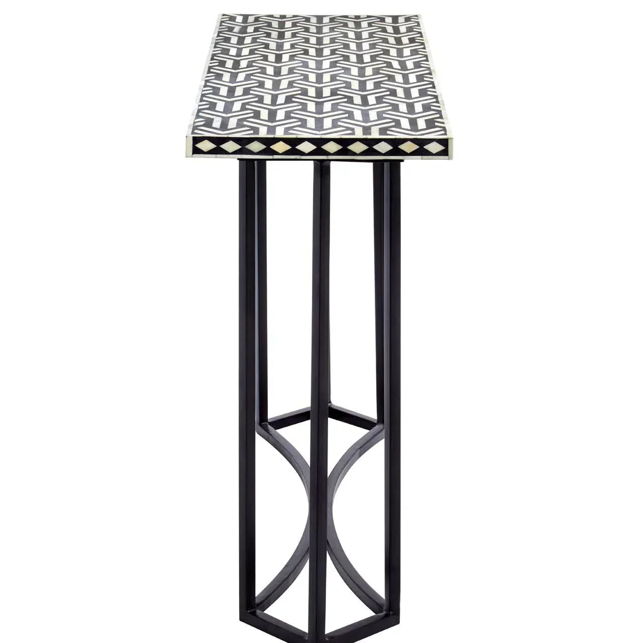 Narrow console table with black metal legs and geometric patterned tabletop