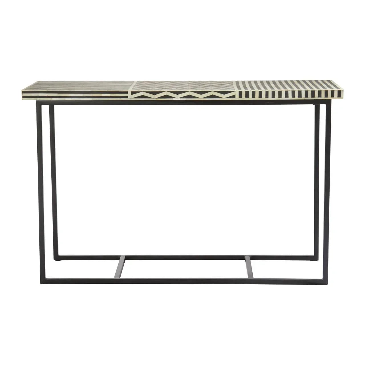 Console table with patterned top and black metal frame, geometric inlay detail visible
