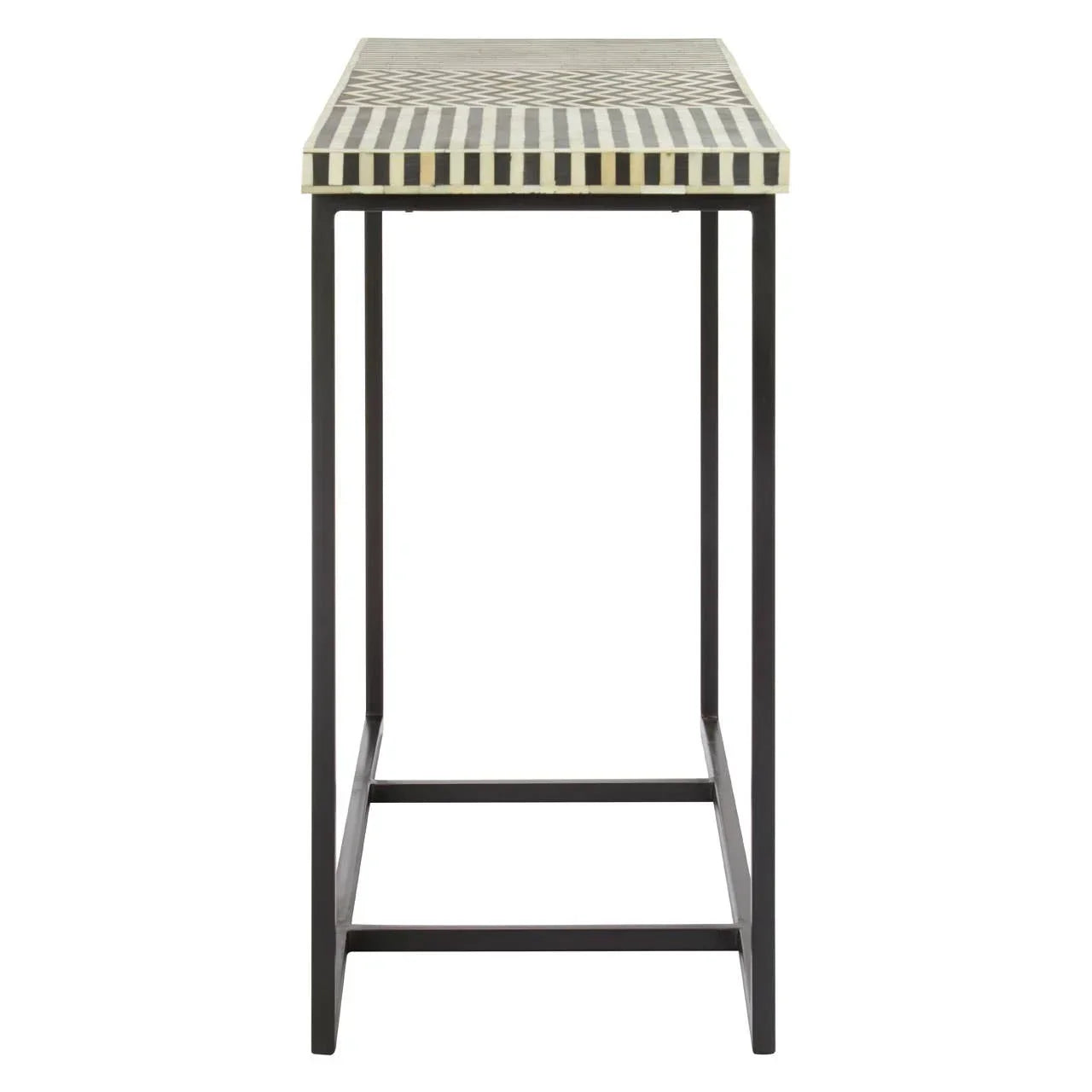 Rectangular side table with striped bone inlay top and black metal frame, front view