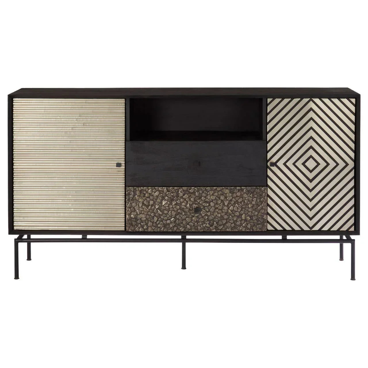 Modern sideboard with geometric pattern doors, metal legs, and mixed texture drawer fronts