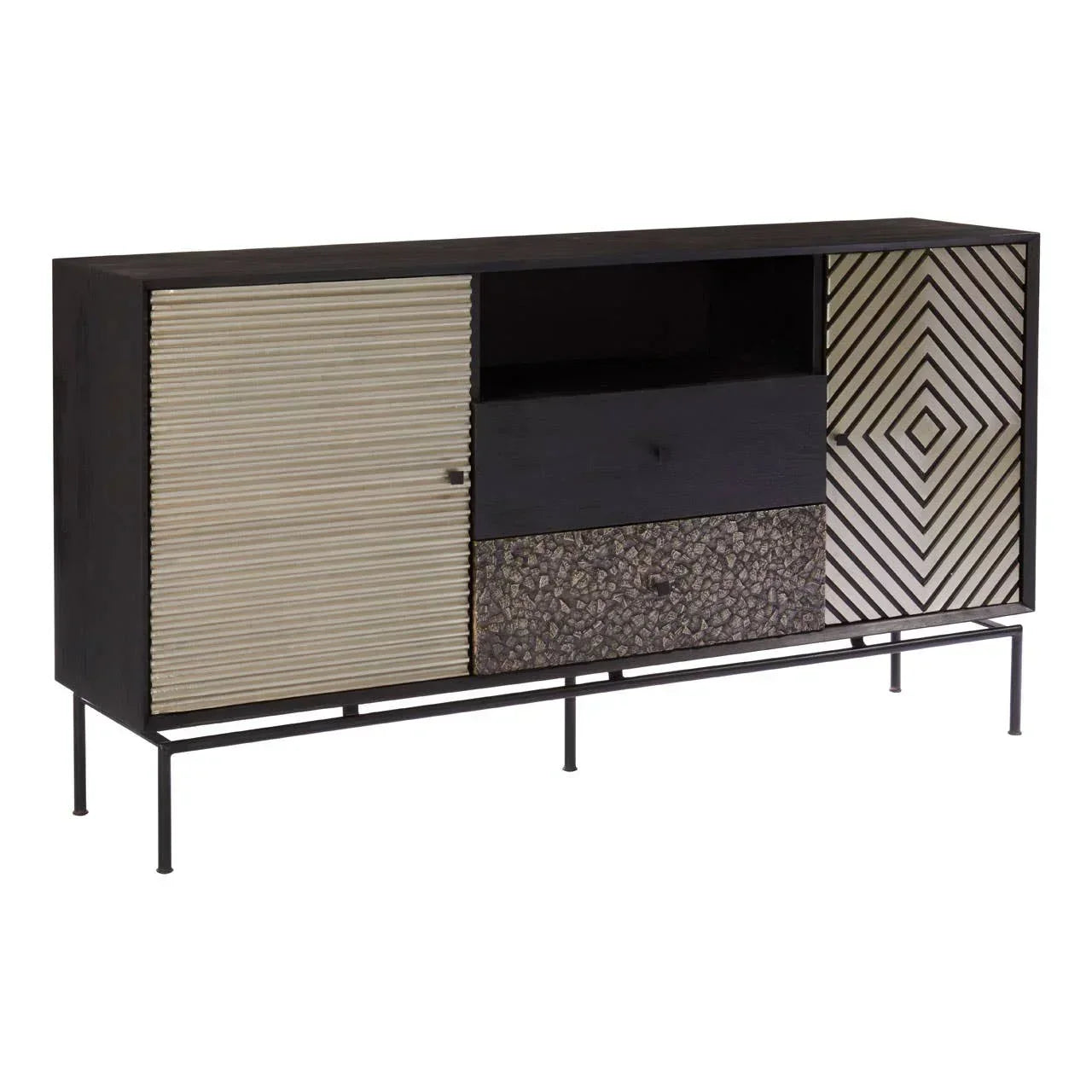 Modern sideboard with geometric patterned doors, open shelf, and mosaic drawer on metal legs