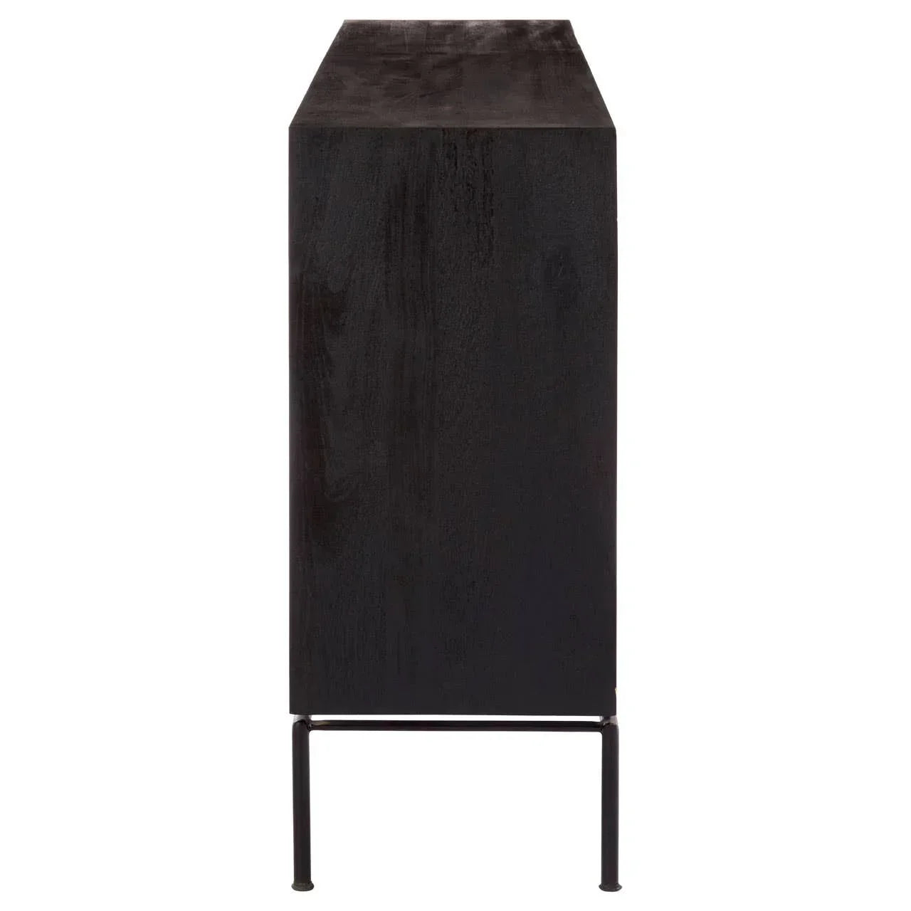 Side angle of black wood cabinet with metal legs, modern living room furniture