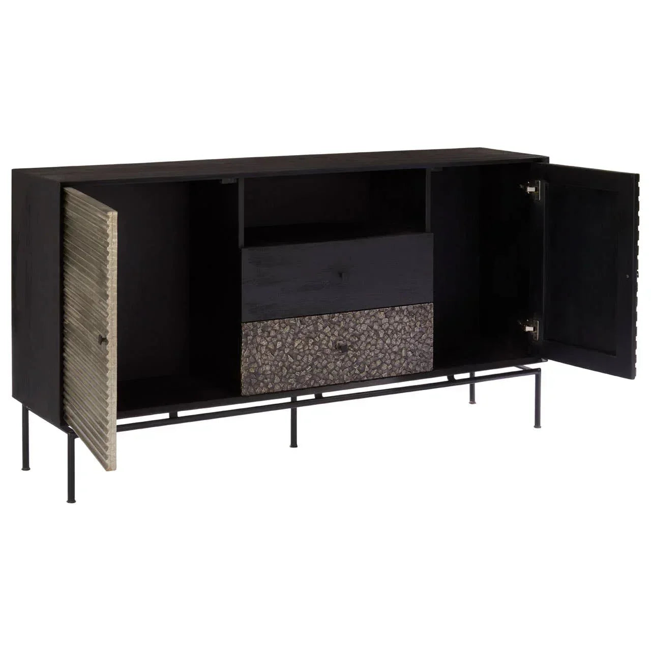 Black sideboard with metal legs, textured cabinet doors open, two drawers visible