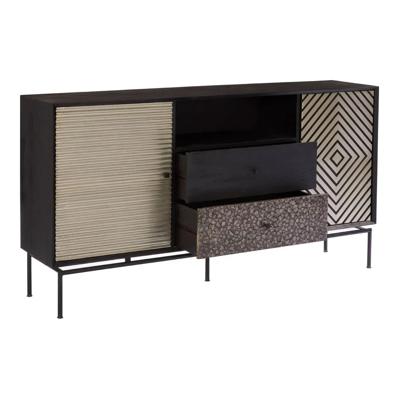 Modern sideboard with geometric patterned doors, two open drawers and metal legs