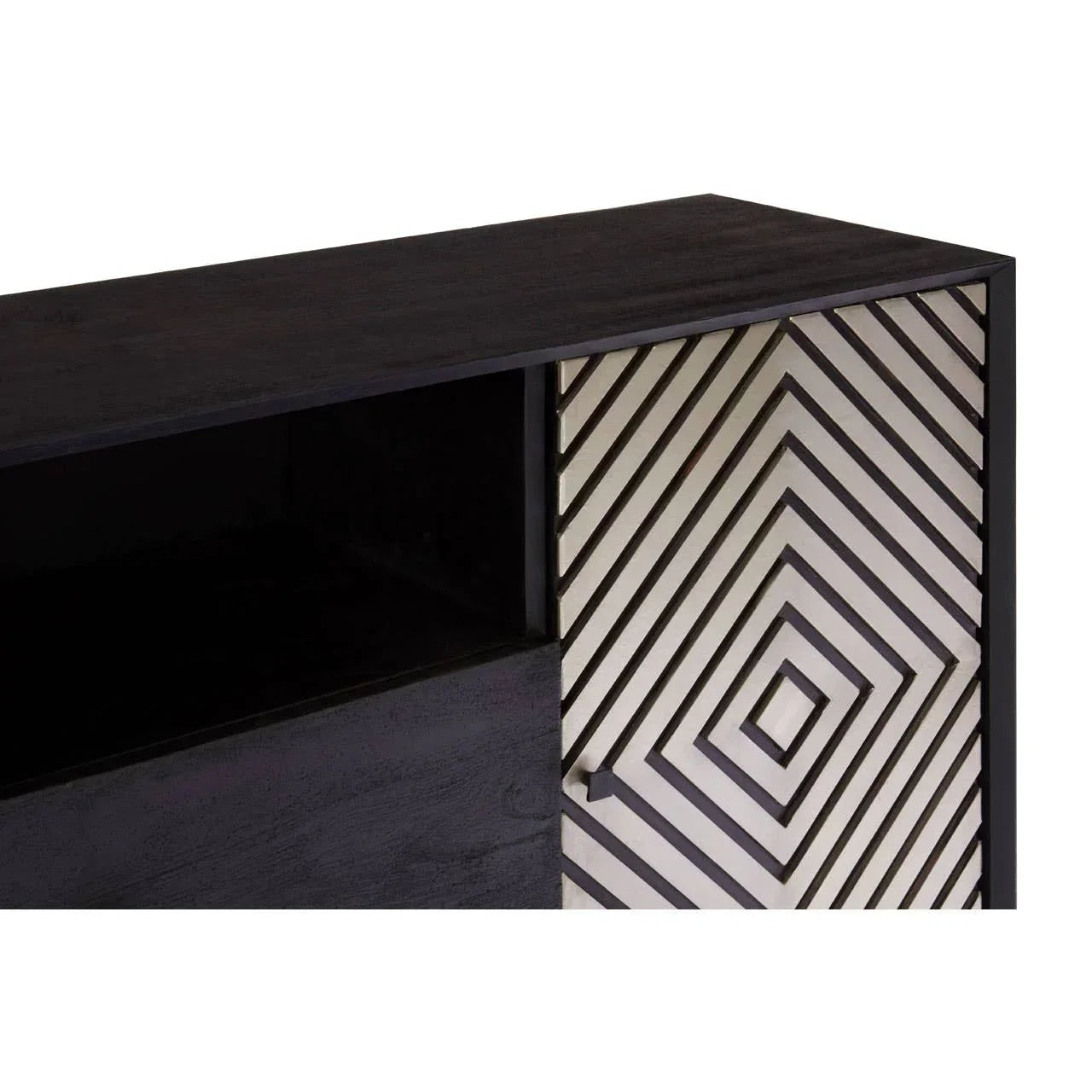 Black wood sideboard with open shelf and geometric patterned door front