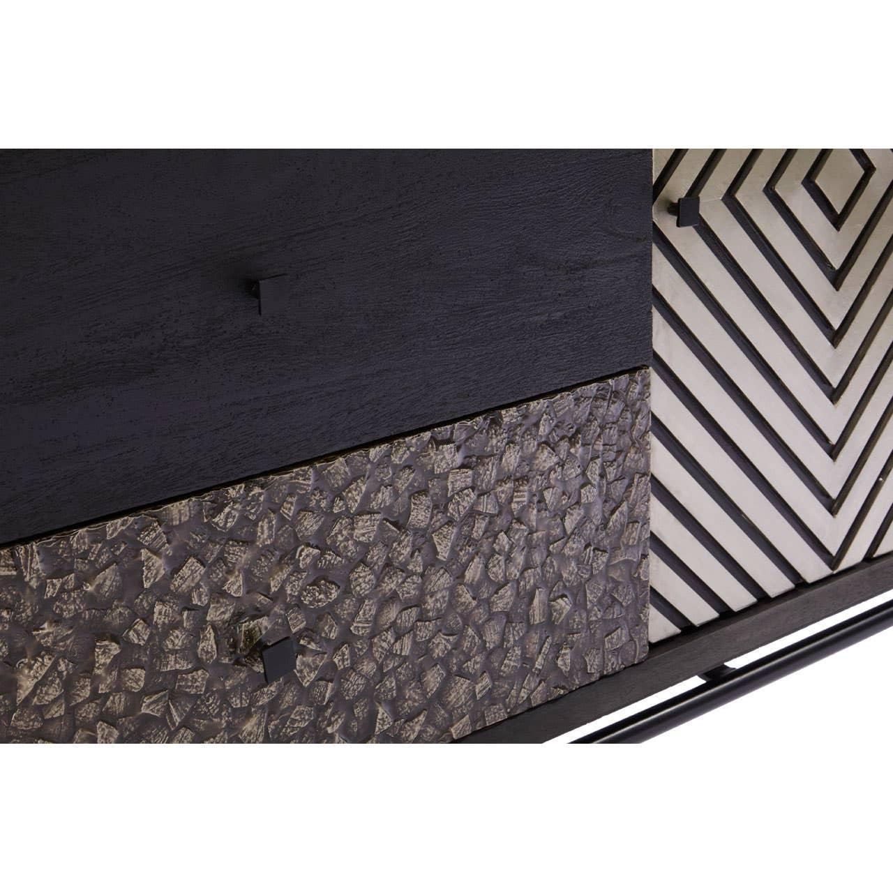Close-up of modern sideboard drawers with textured and chevron wood patterns