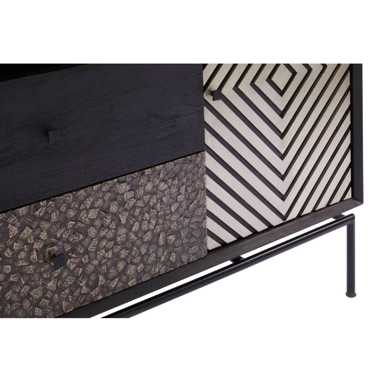 modern sideboard with textured black and patterned drawers and geometric door design