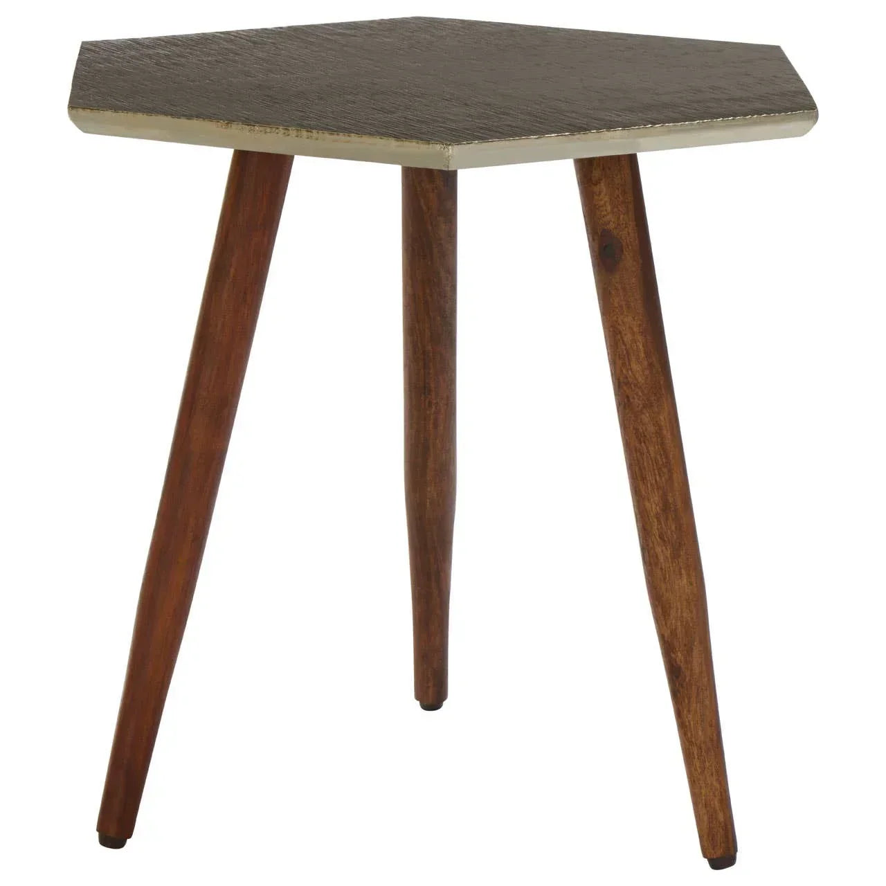 Hexagonal wooden side table with angled legs and metallic edge detail