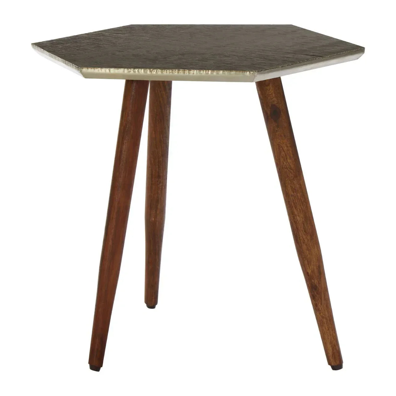 Hexagonal side table with metal top and three wooden legs