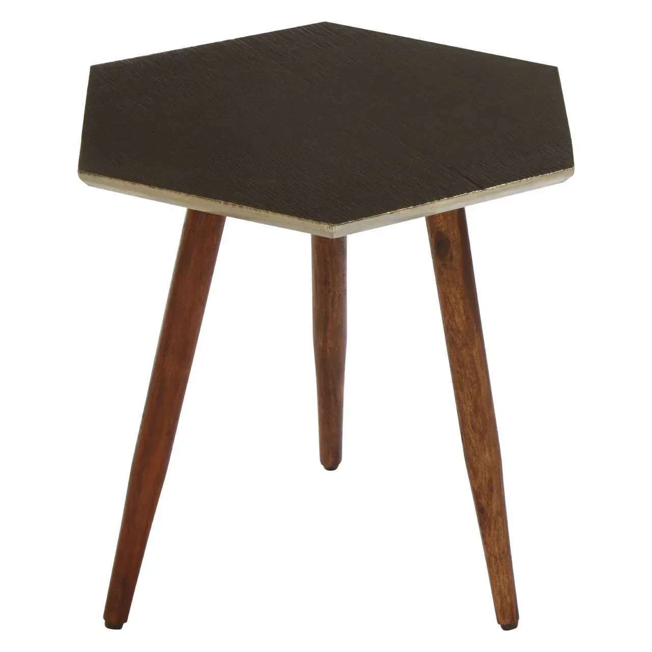 Hexagonal wooden side table with dark top and angled brown legs