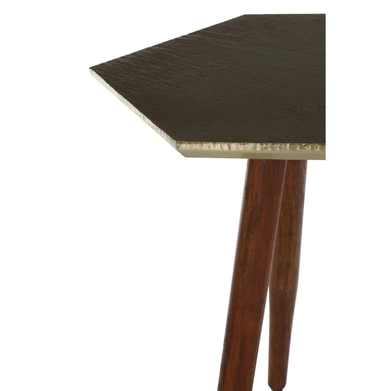 Dark wood side table with textured hexagonal top and tapered wooden legs, close-up angle