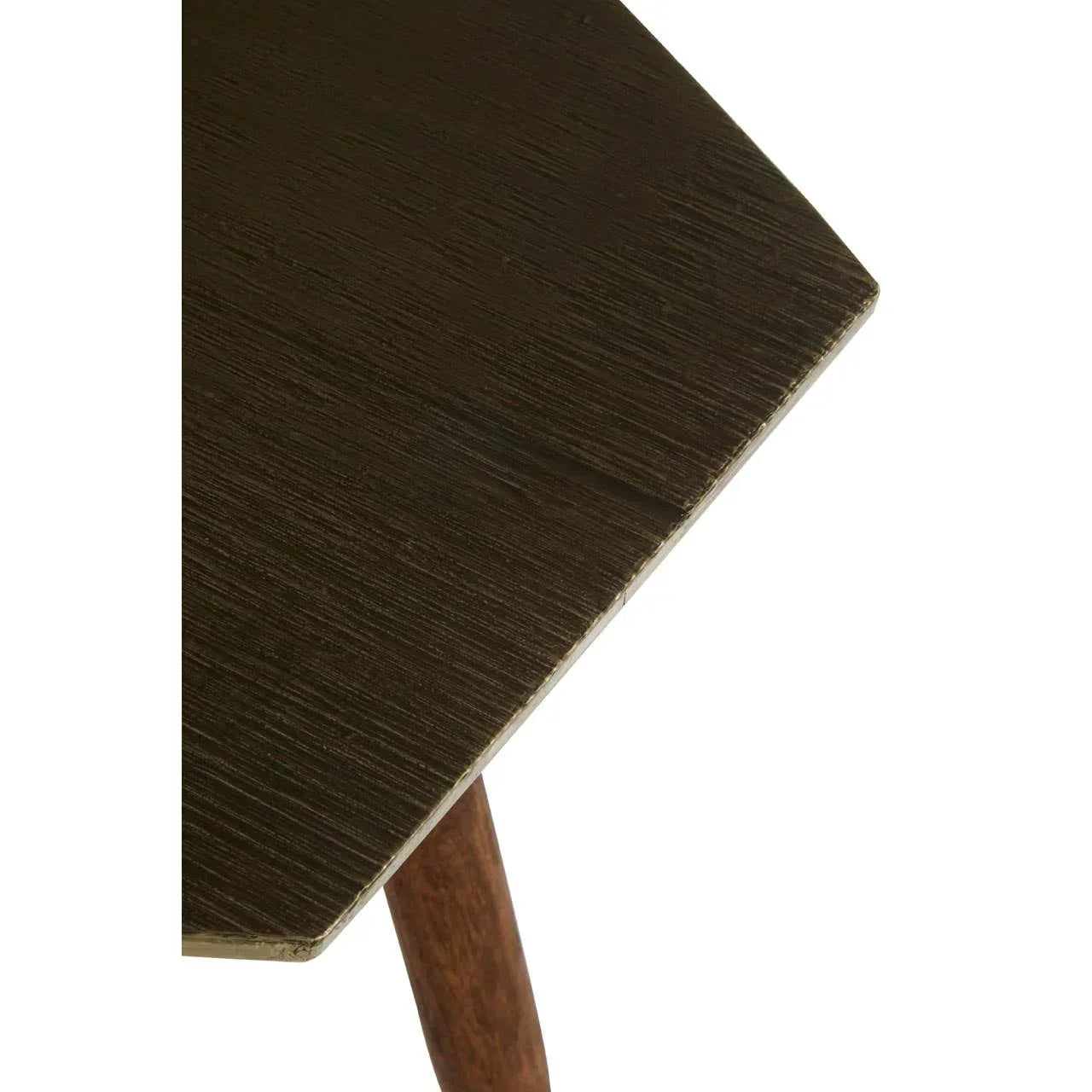 close up of dark wood dining table corner and angled leg