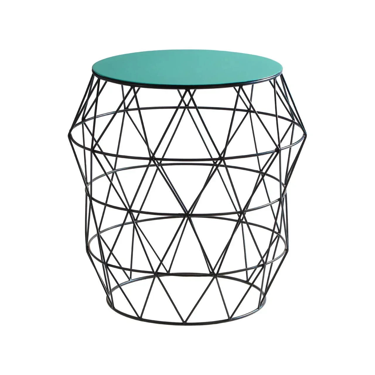 Geometric metal side table with green top and black wire frame
