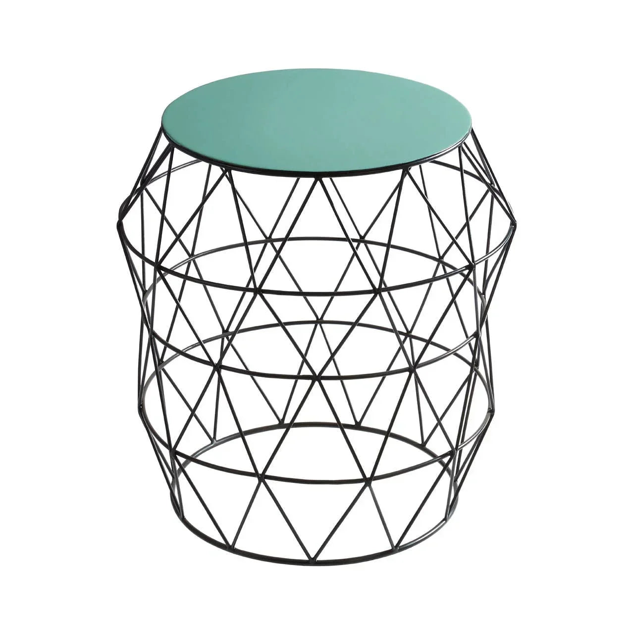 Round side table with black geometric metal frame and green top
