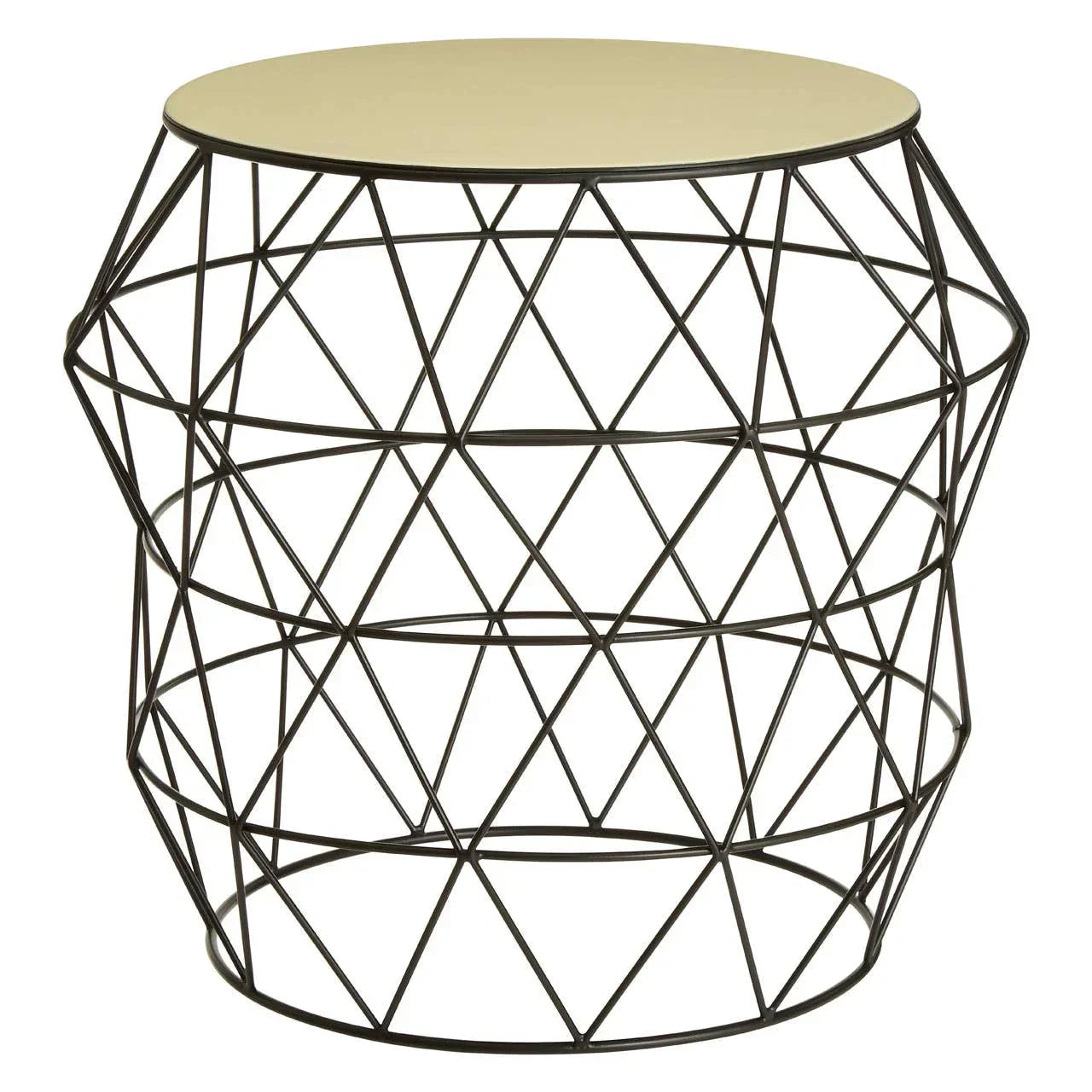 Round metal side table with geometric wire frame and light tabletop