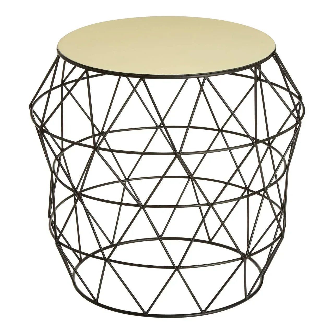 Round metal side table with geometric wire base and light wood top