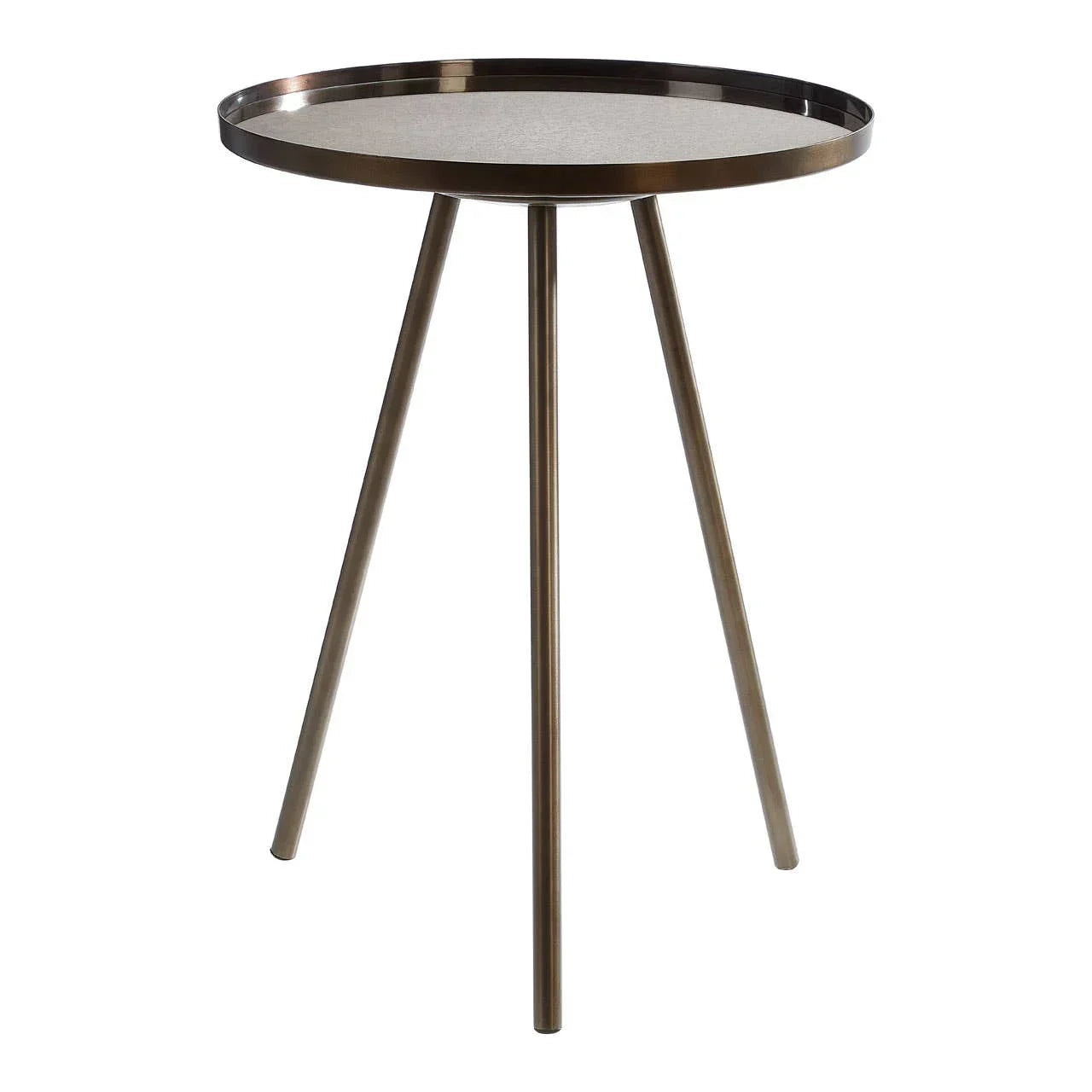 Round metal side table with three angled legs and raised edge, shown from front angle