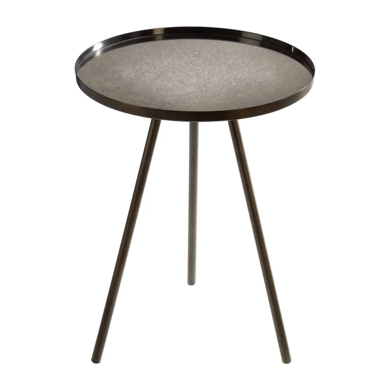 Round metal side table with a mirrored top and three angled legs