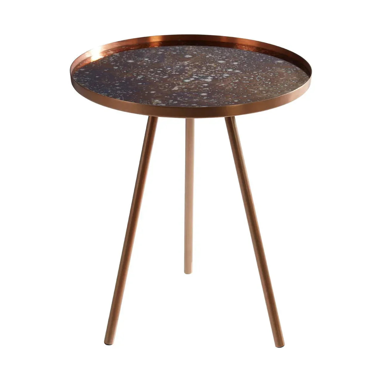 Round copper side table with three slim legs and mirrored speckled glass top