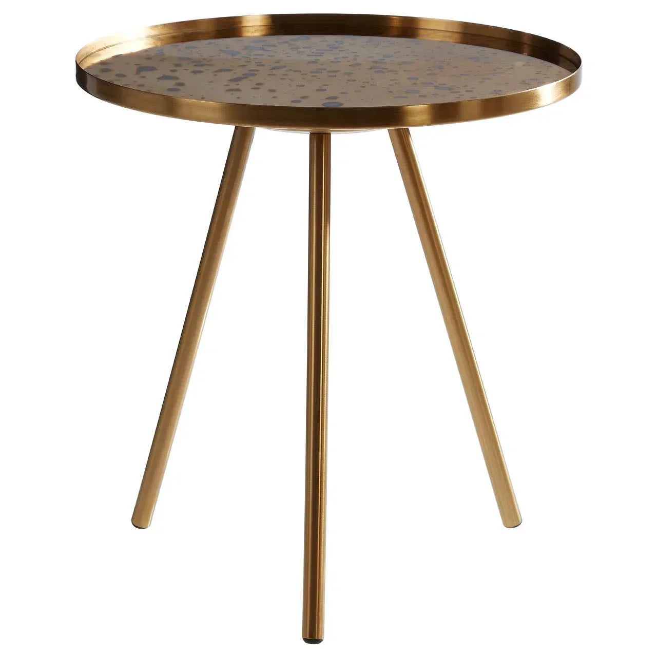 Round gold metal side table with three legs and mirrored speckled top