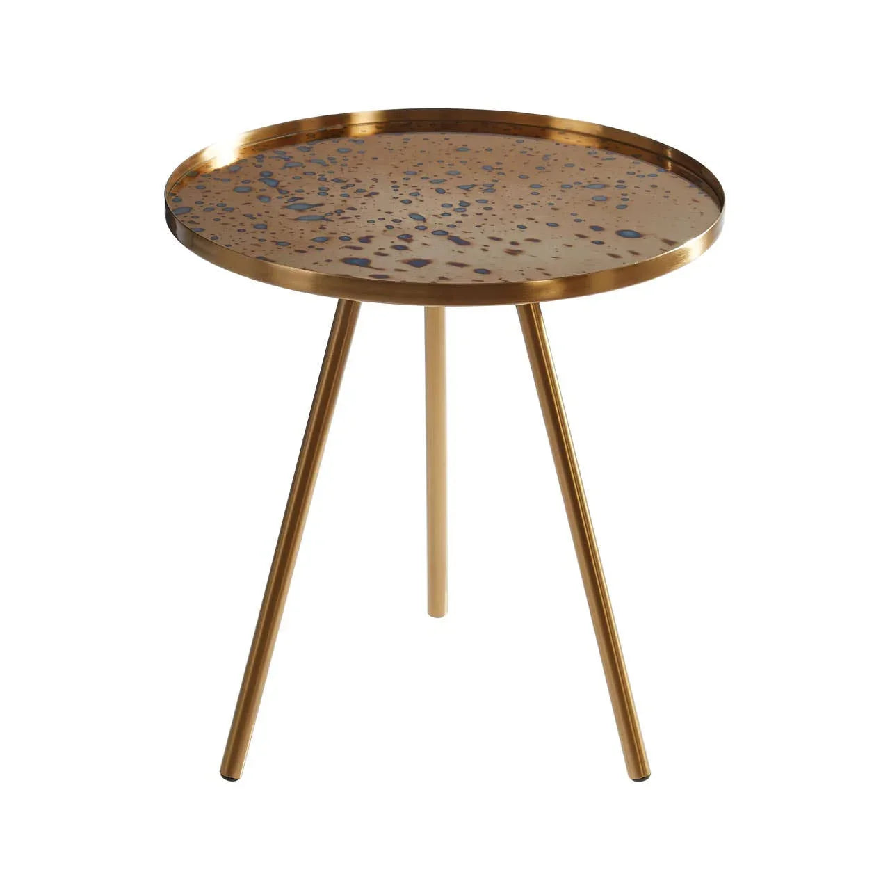 Round gold side table with tripod legs and metallic speckled top