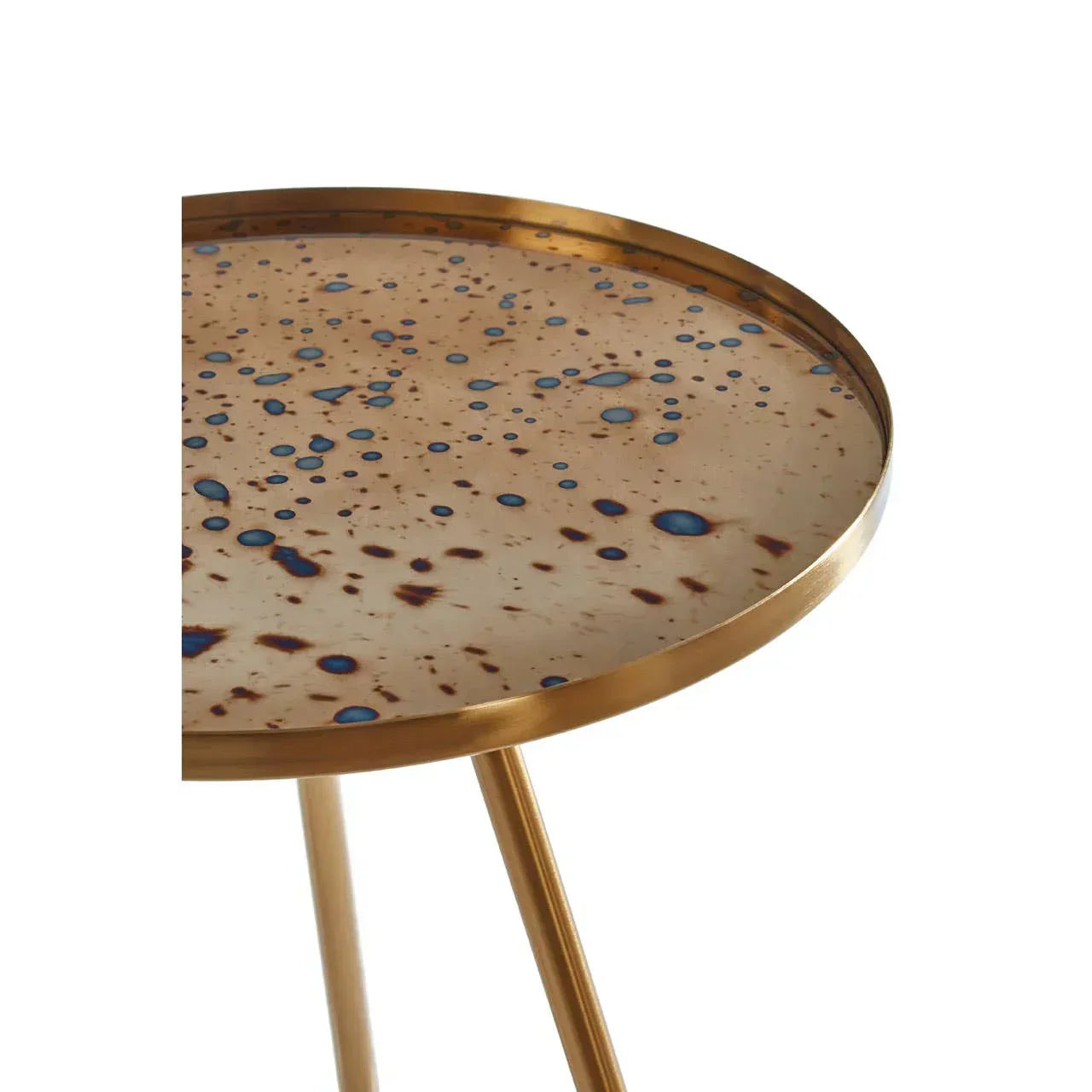 Round metal side table with gold frame and speckled blue brown glass top