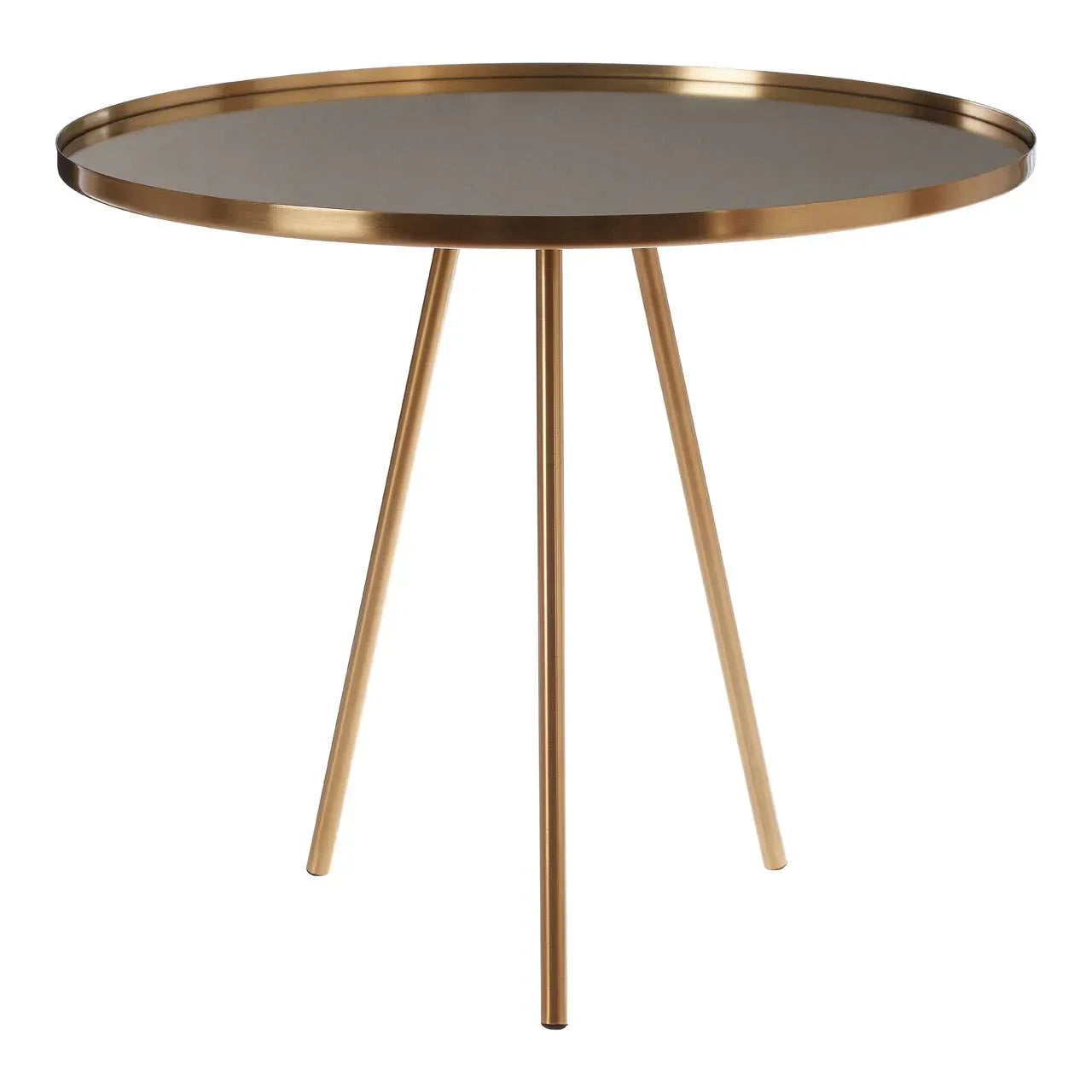 Round gold metal side table with three slim legs and raised edge