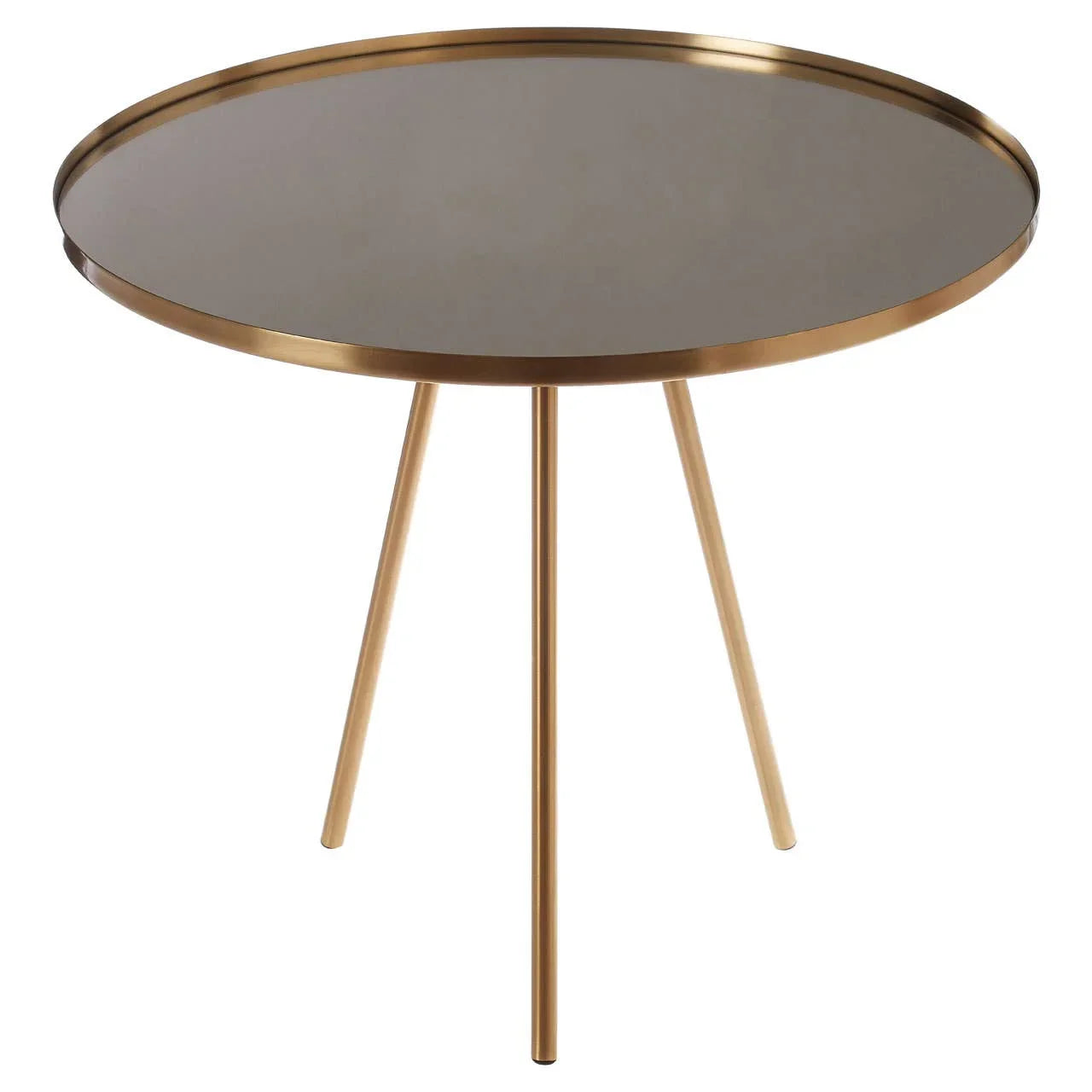 Round gold metal side table with black glass top and three slim legs