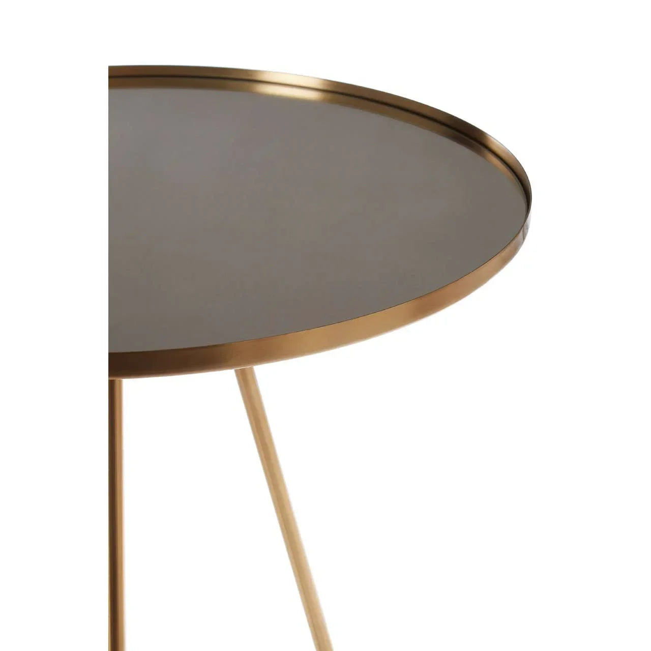 Round side table with gold metal frame and dark glass top, shown from side angle