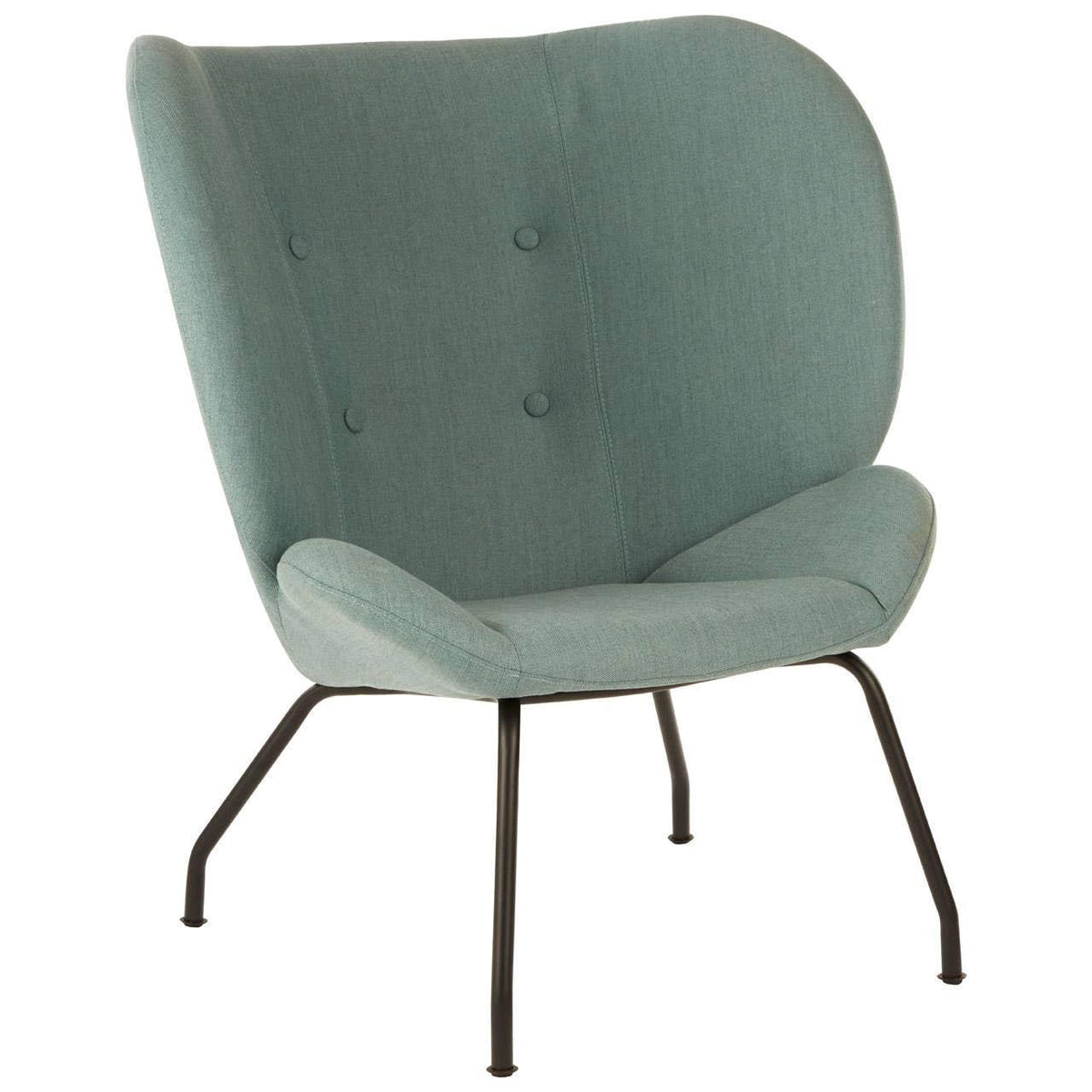 Modern accent chair with teal fabric upholstery and black metal legs, front angled view