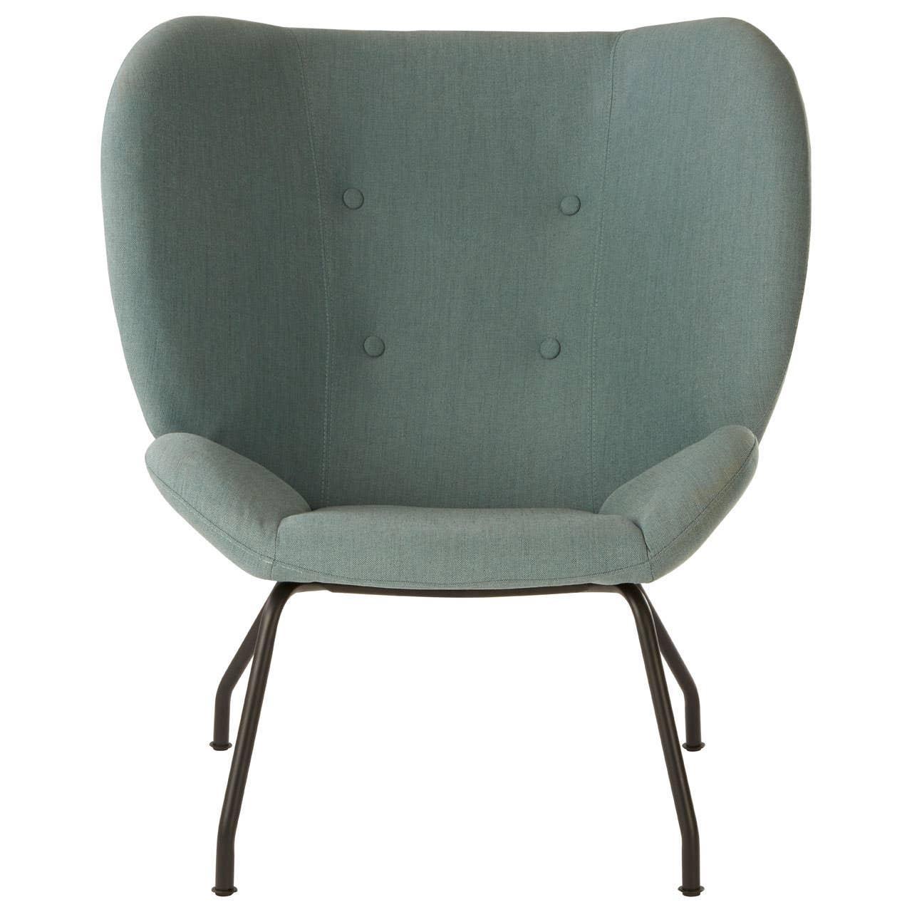 Teal fabric accent chair with curved backrest and black metal legs, front view