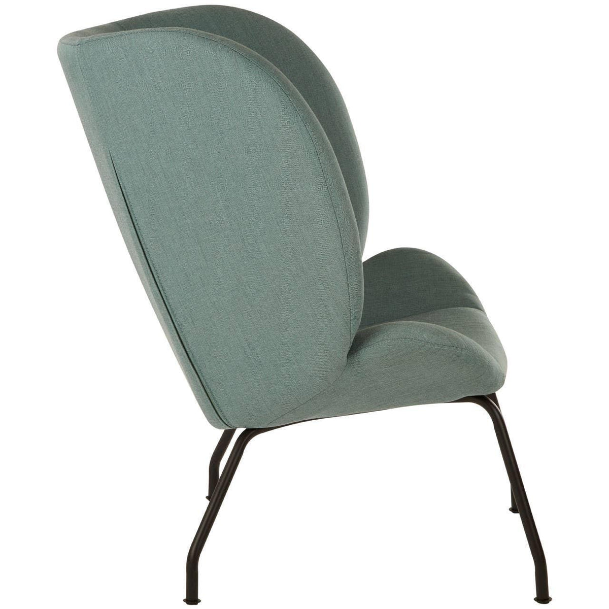 Side view accent chair with teal fabric upholstery and black metal legs
