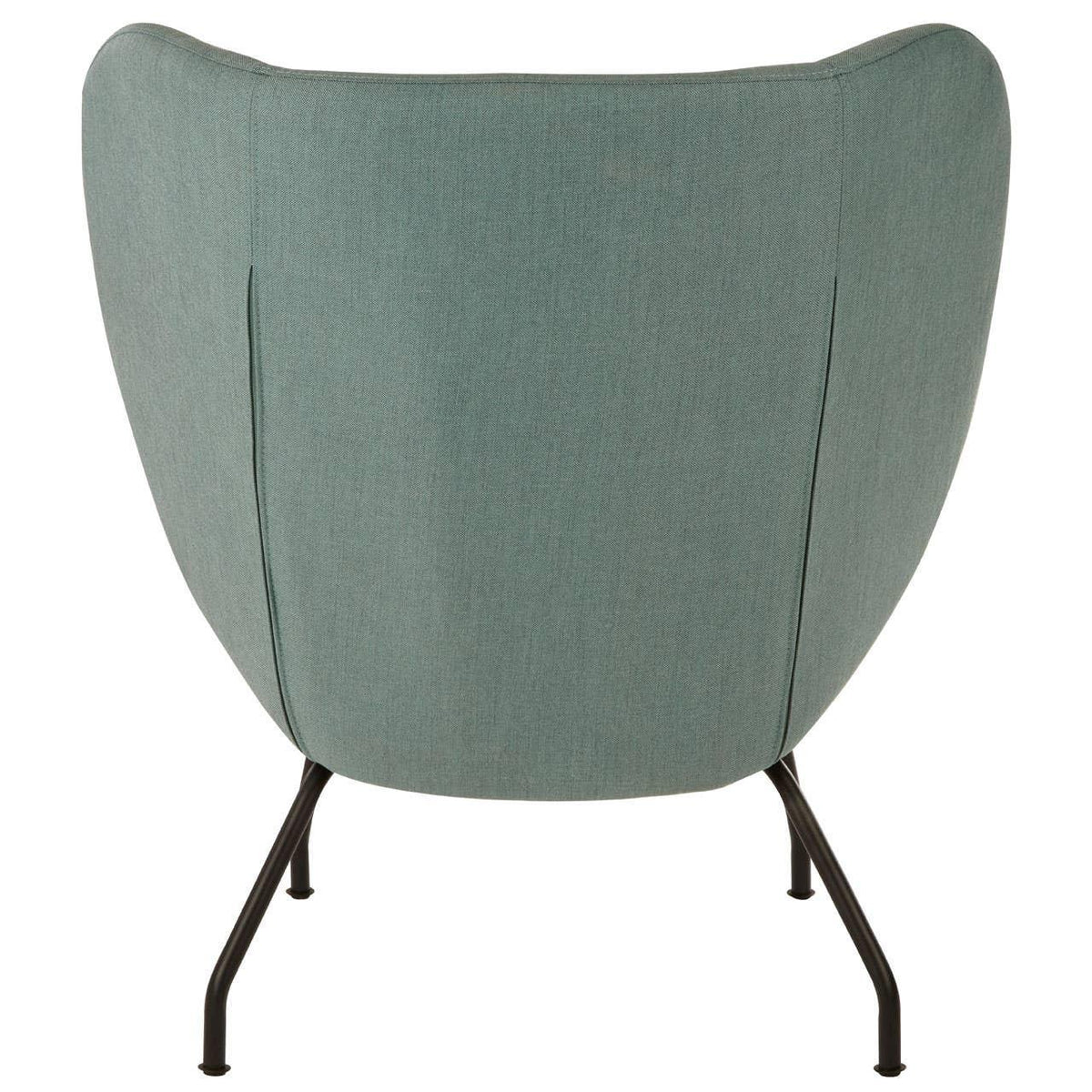 Back view of teal fabric accent chair with curved backrest and black metal legs