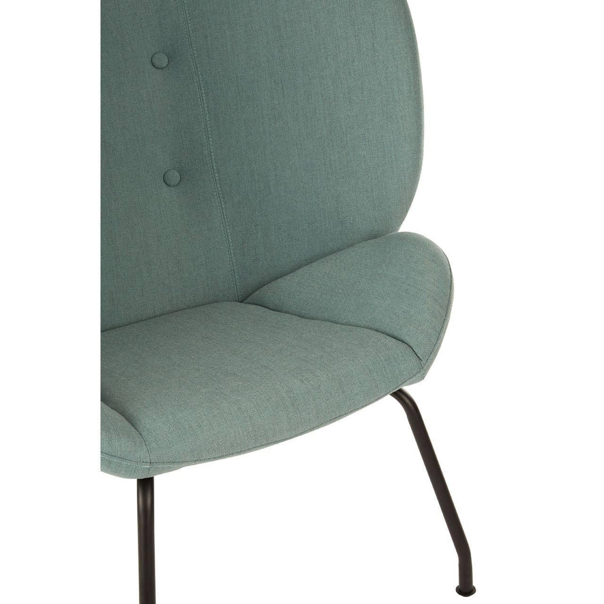 Close up of modern green fabric chair with buttoned backrest and black metal legs