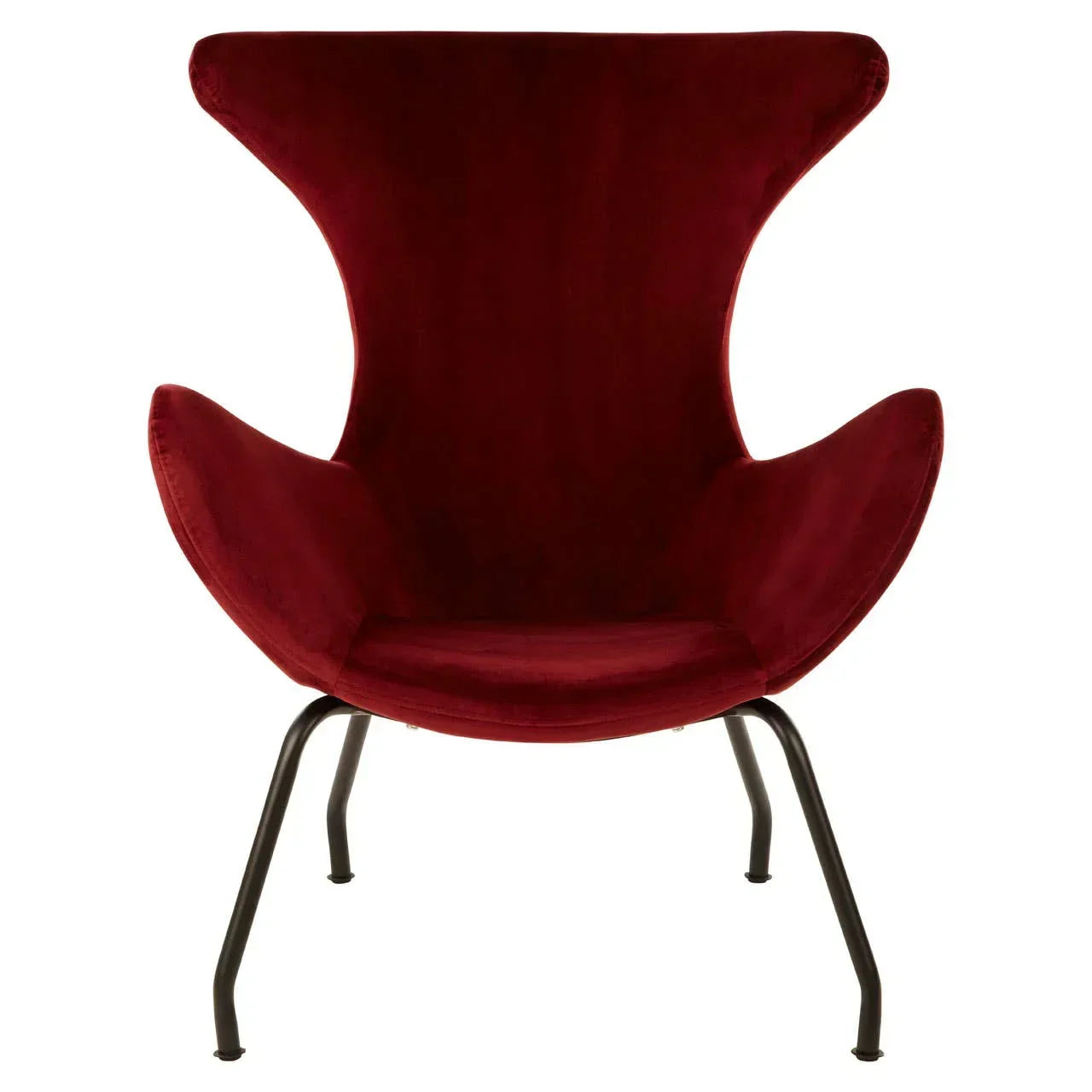 Modern red velvet accent chair with black metal legs, front view