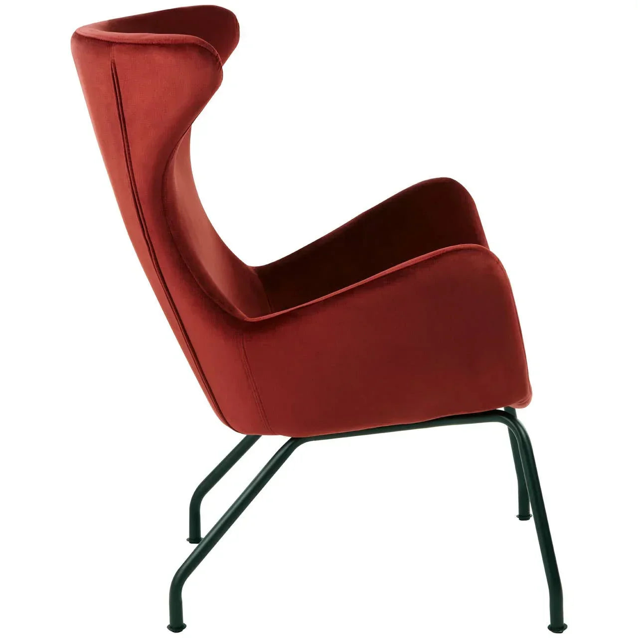 Red velvet accent chair with high back and black metal legs, side profile view