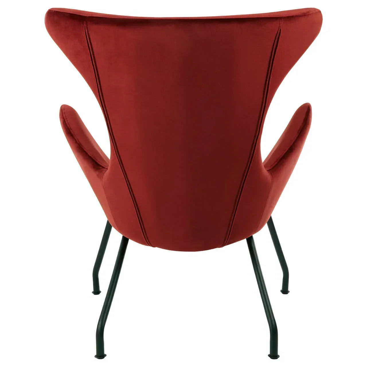 Back view of red accent chair with black metal legs and curved upholstered design