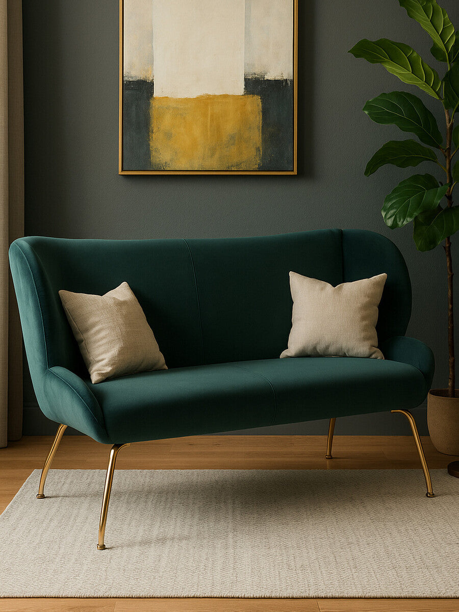 A stylish green two-seat sofa with a curved backrest, featuring two light-colored decorative pillows. The sofa is set against a dark wall and is accompanied by a large abstract painting above it and a potted plant nearby. A light-colored rug is placed underneath the sofa, enhancing the cozy atmosphere of the room