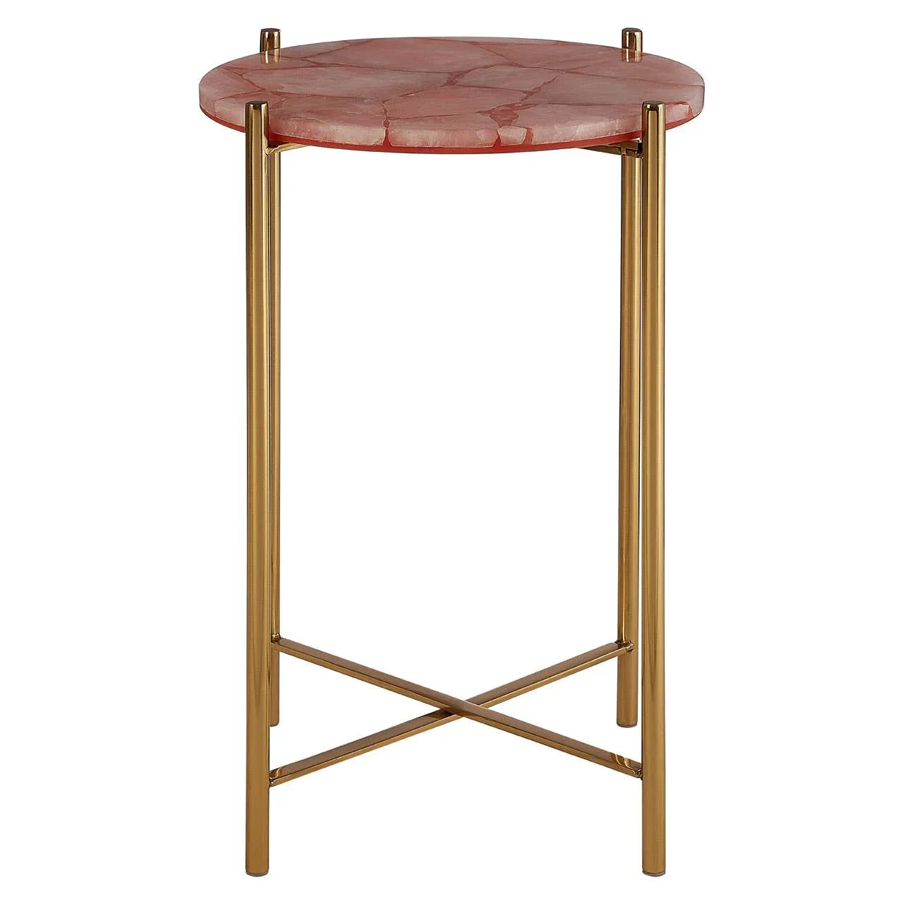 Round marble side table with pink top and gold metal legs, front view