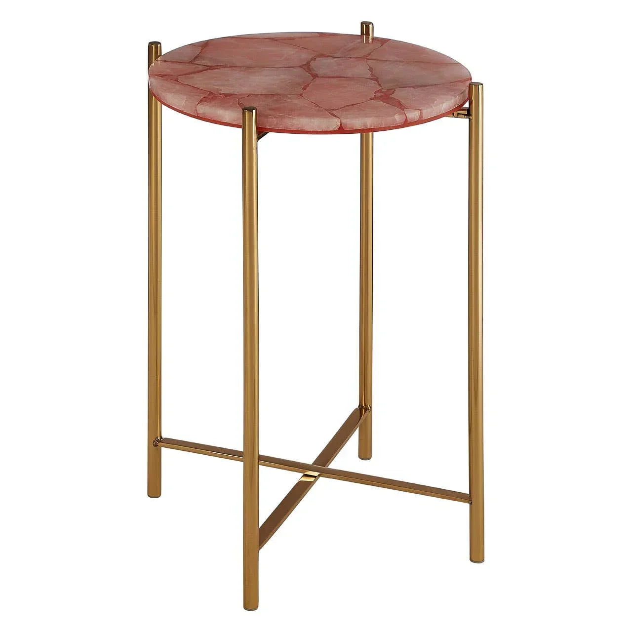 Round pink marble side table with gold metal legs and crossbar base on white background