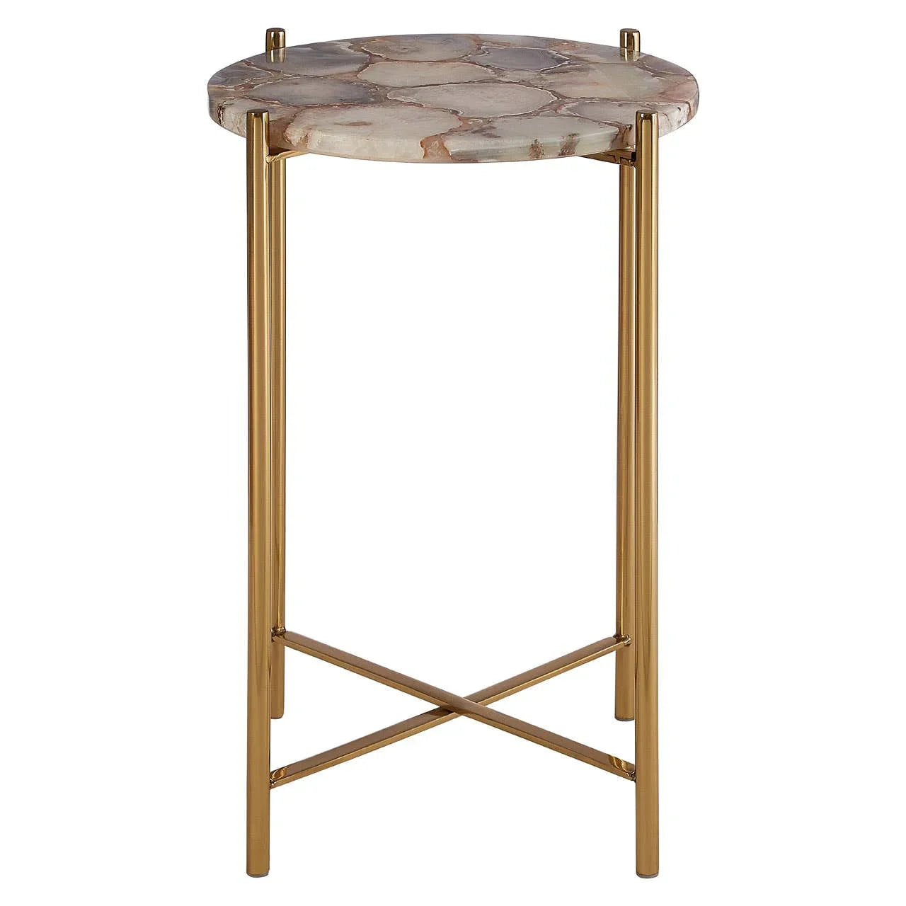Round marble side table with gold metal frame and crossed legs, front view