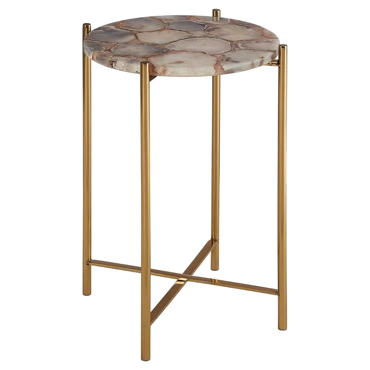 Round marble side table with gold metal legs and X-shaped base