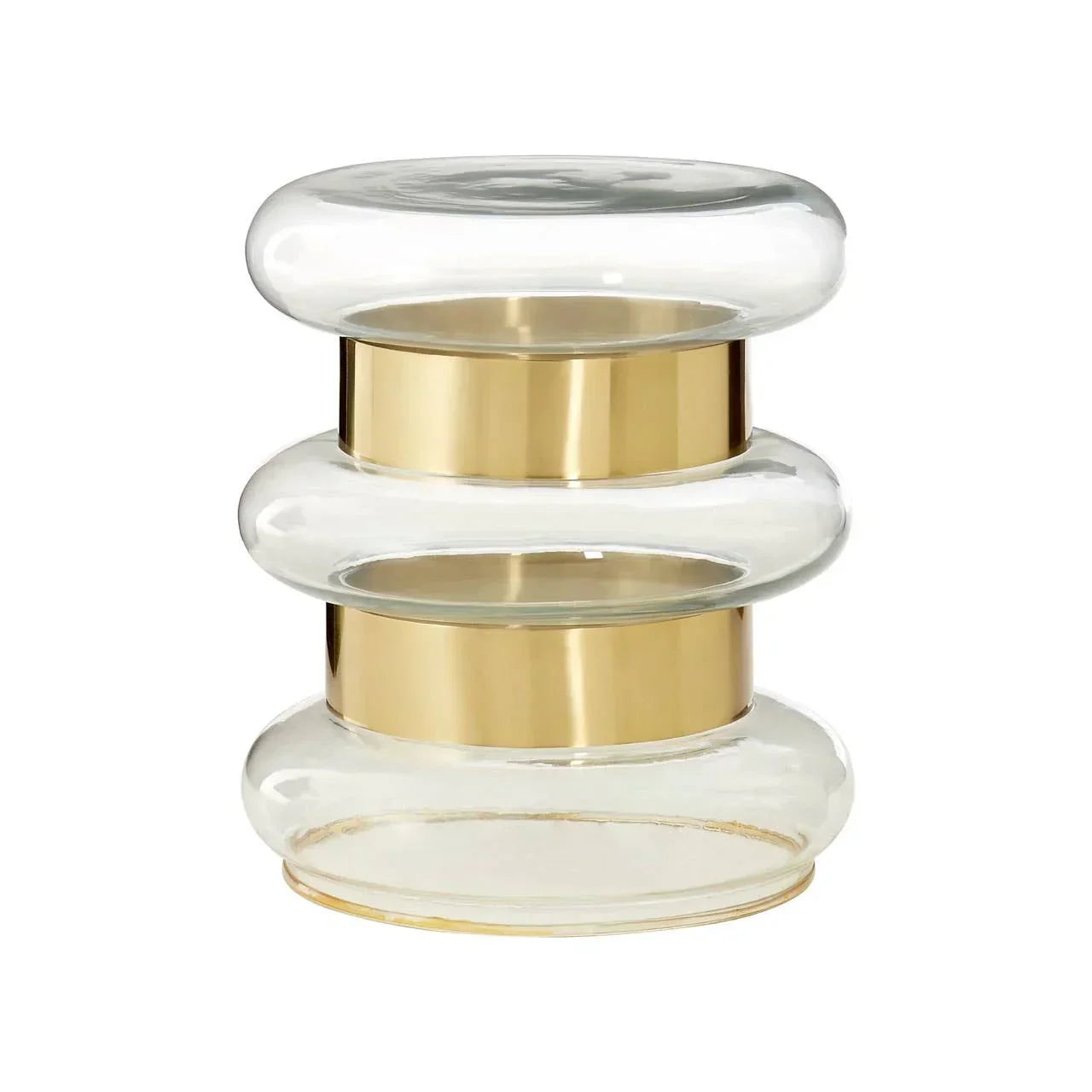 Round glass and gold side table with modern stacked design on white background