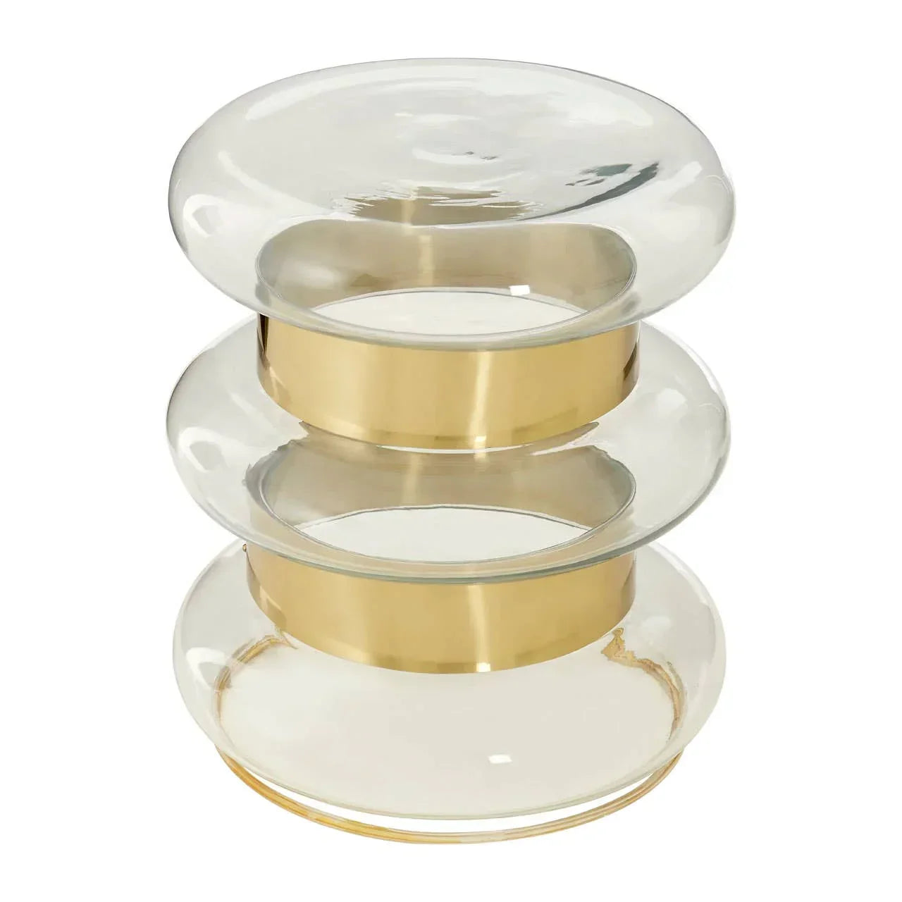 Round glass side table with gold metal bands and sculpted layered design