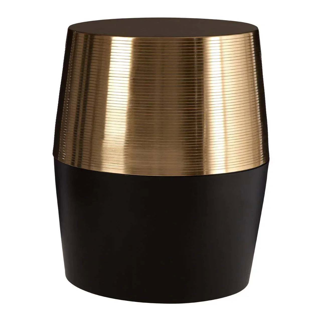 Black and gold accent table with ribbed metallic finish and modern drum shape