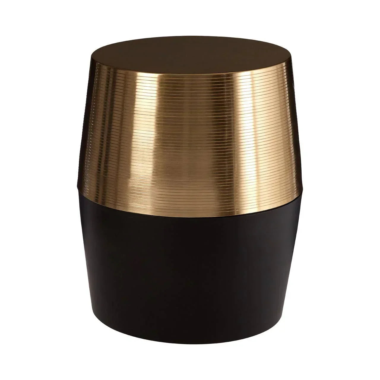 Modern side table with black base and metallic gold ribbed top finish