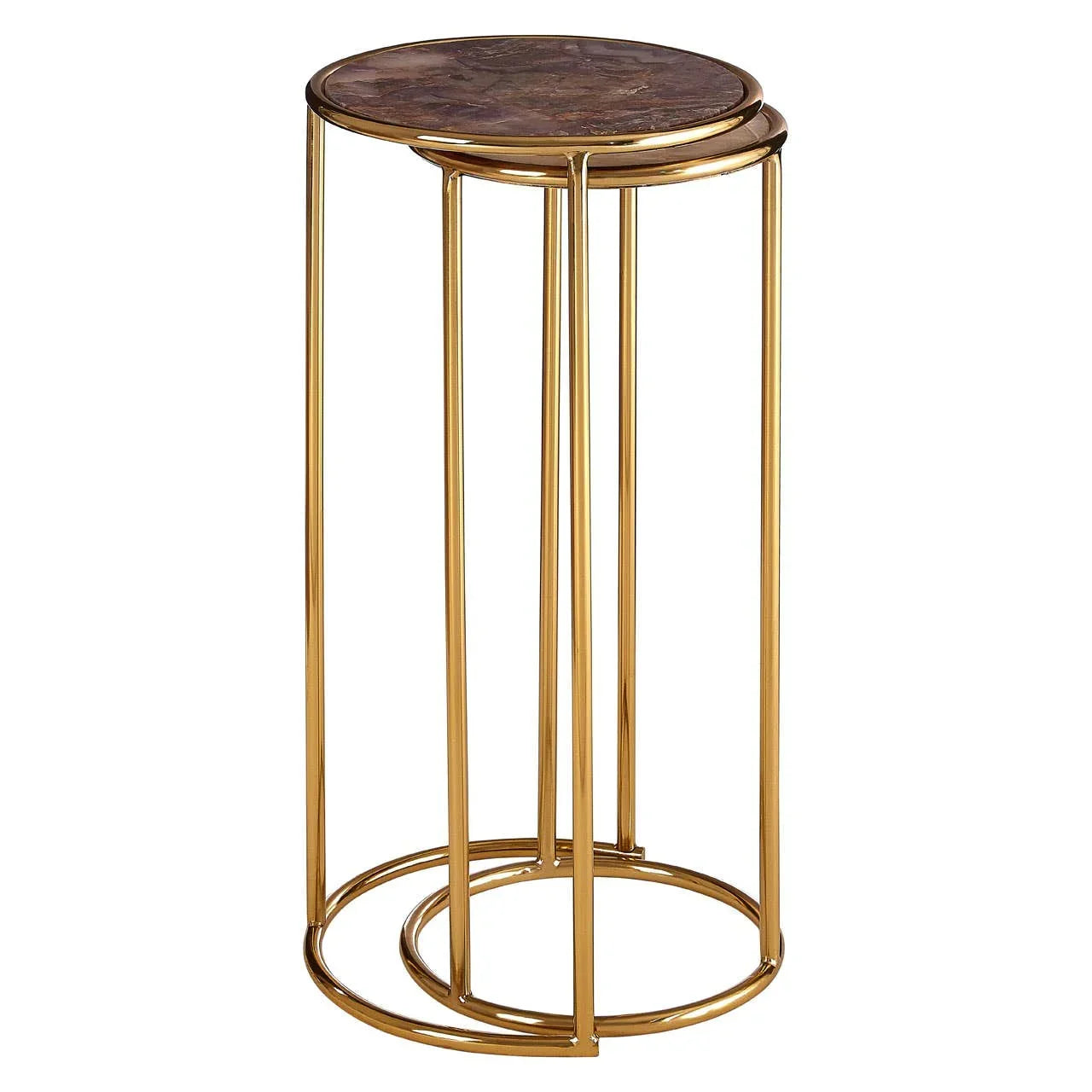 Set of two gold metal nesting side tables with round brown marble tops