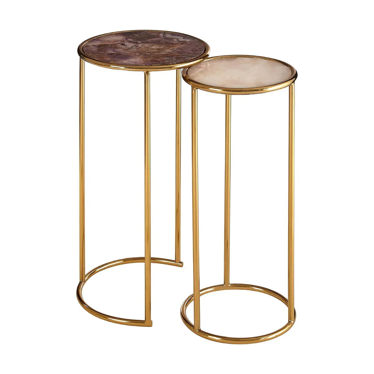 Set of two round side tables with gold metal frames and marble tops
